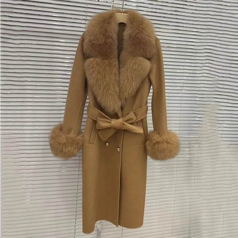 HSPLC Women's Long Wool Blended Coat with Fox Fur Collar - Winter Fashion - Buy Center US