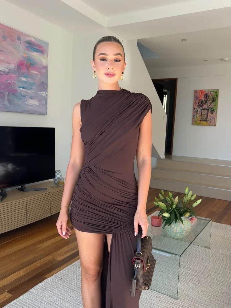 Irregular One Shoulder Pleated Dress - Slim Fit Mini Party Gown - Buy Center US