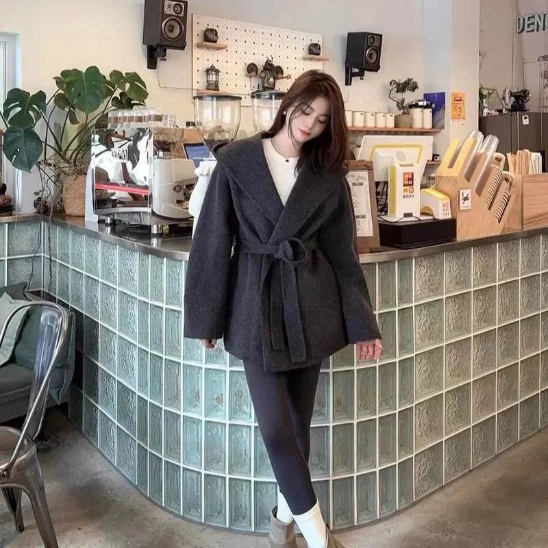 Ladies Hooded Lace Up Woolen Jacket - Elegant Vintage Outerwear - Buy Center US