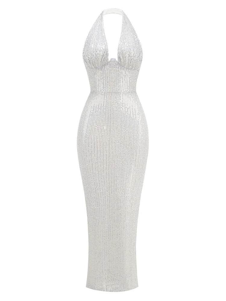 Green Maxi Dress for Women - Sexy V Neck Sleeveless Sequined Gown - Buy Center US