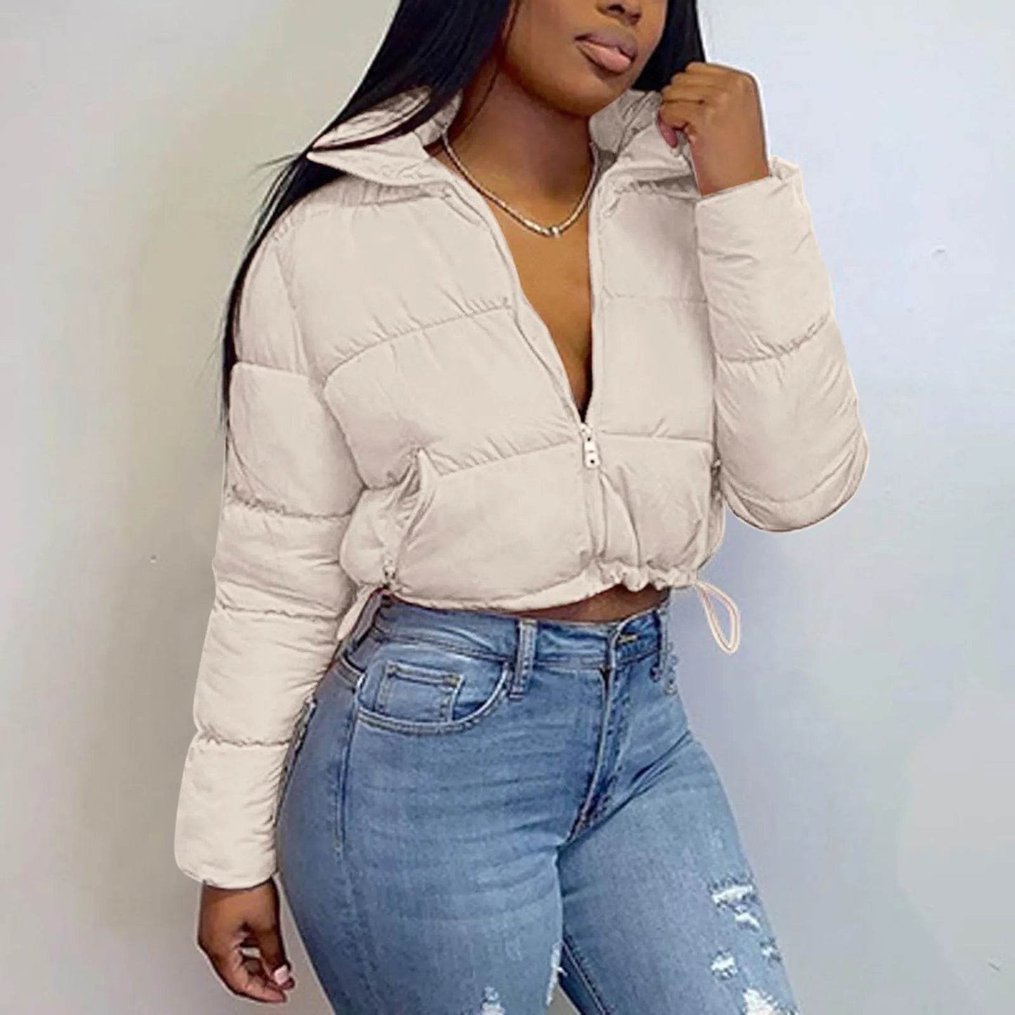 Women's Autumn Winter Stand Collar Padded Cropped Jacket - Zipper - Buy Center US