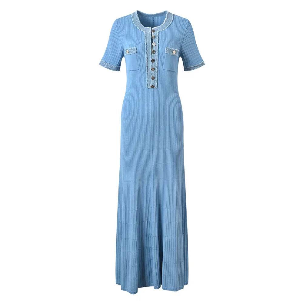 Elegant Women's Knit Maxi Dress - Chic O-neck with Metal Buttons - Buy Center US