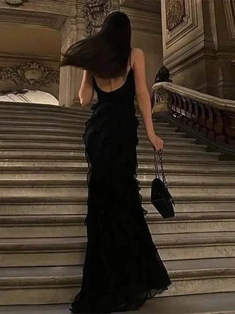 Koedse Sert Women’s Black Ruffle Hem Long Dress - Sexy V-Neck Style - Buy Center US