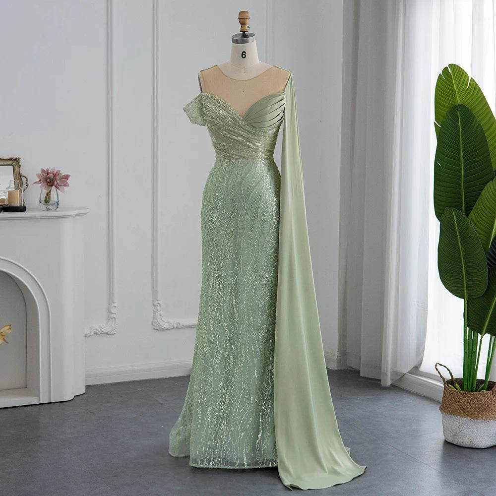Sharon Said Sage Green Mermaid Evening Dress – Off The Shoulder Cape - Buy Center US
