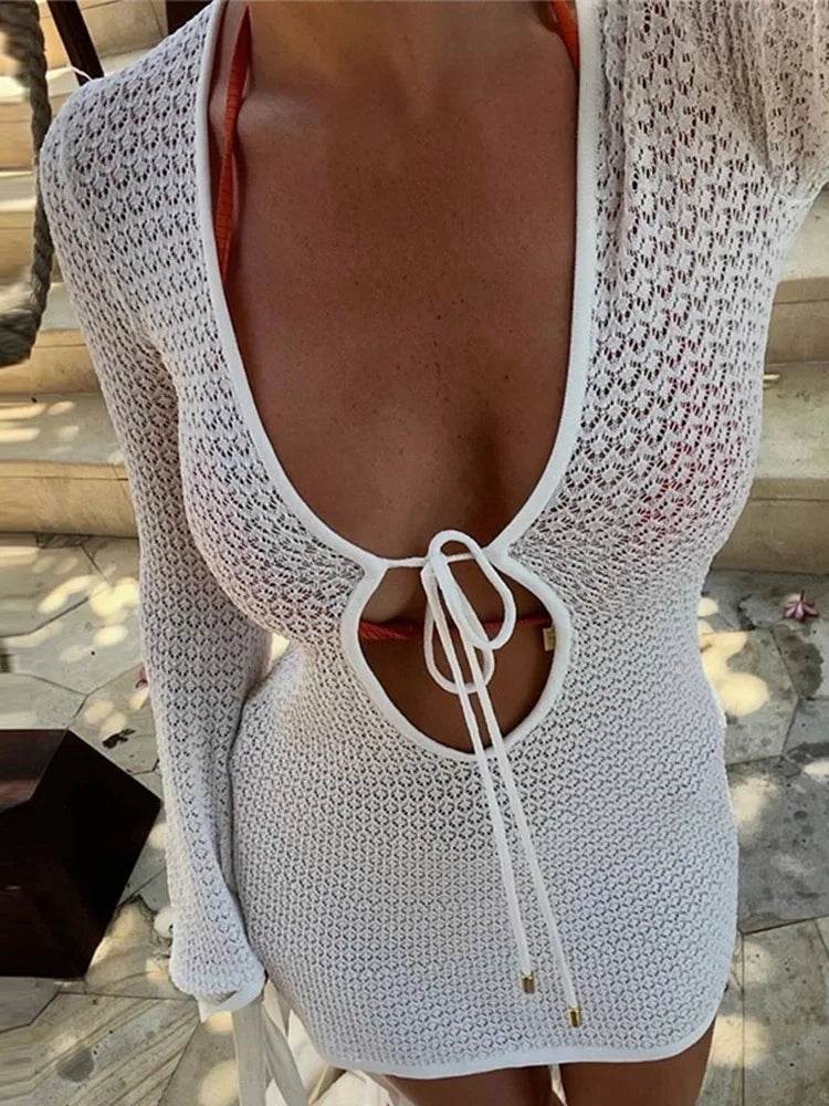 HFWomenFZ Holiday Mini Dress - Hollow Out Flare Sleeve Beach Style - Buy Center US
