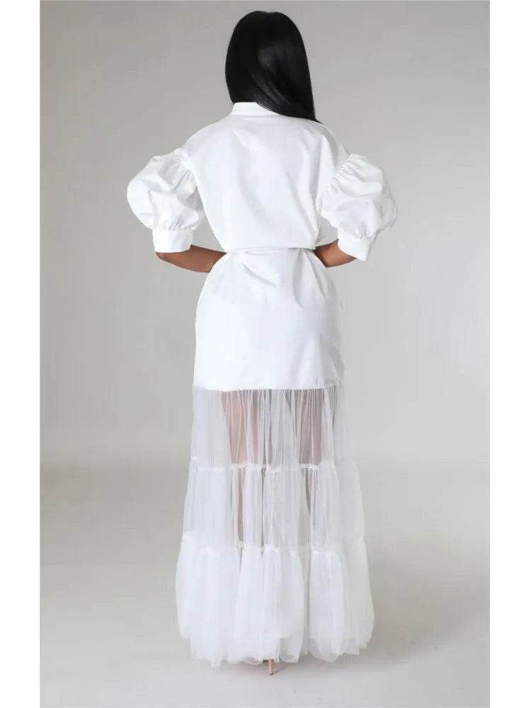 Elegant White Lace-Up Shirt Dress - Short Sleeve for Summer - Buy Center US