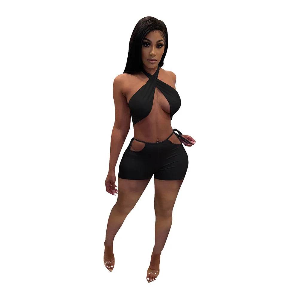 Stylish Women's Two Piece Set - Criss Cross Crop Top & Shorts - Buy Center US