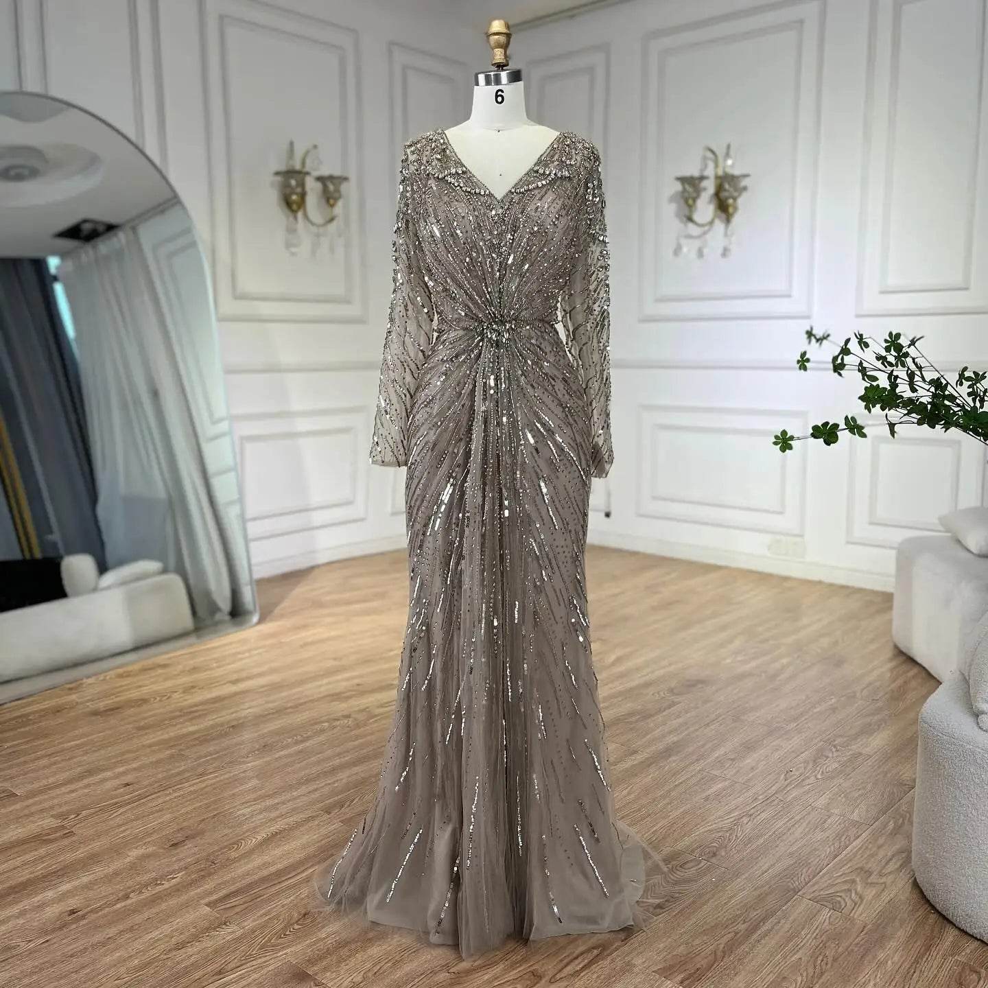 SERENE HILL Mermaid Evening Dress - Custom Beaded Floor-Length Gown - Buy Center US