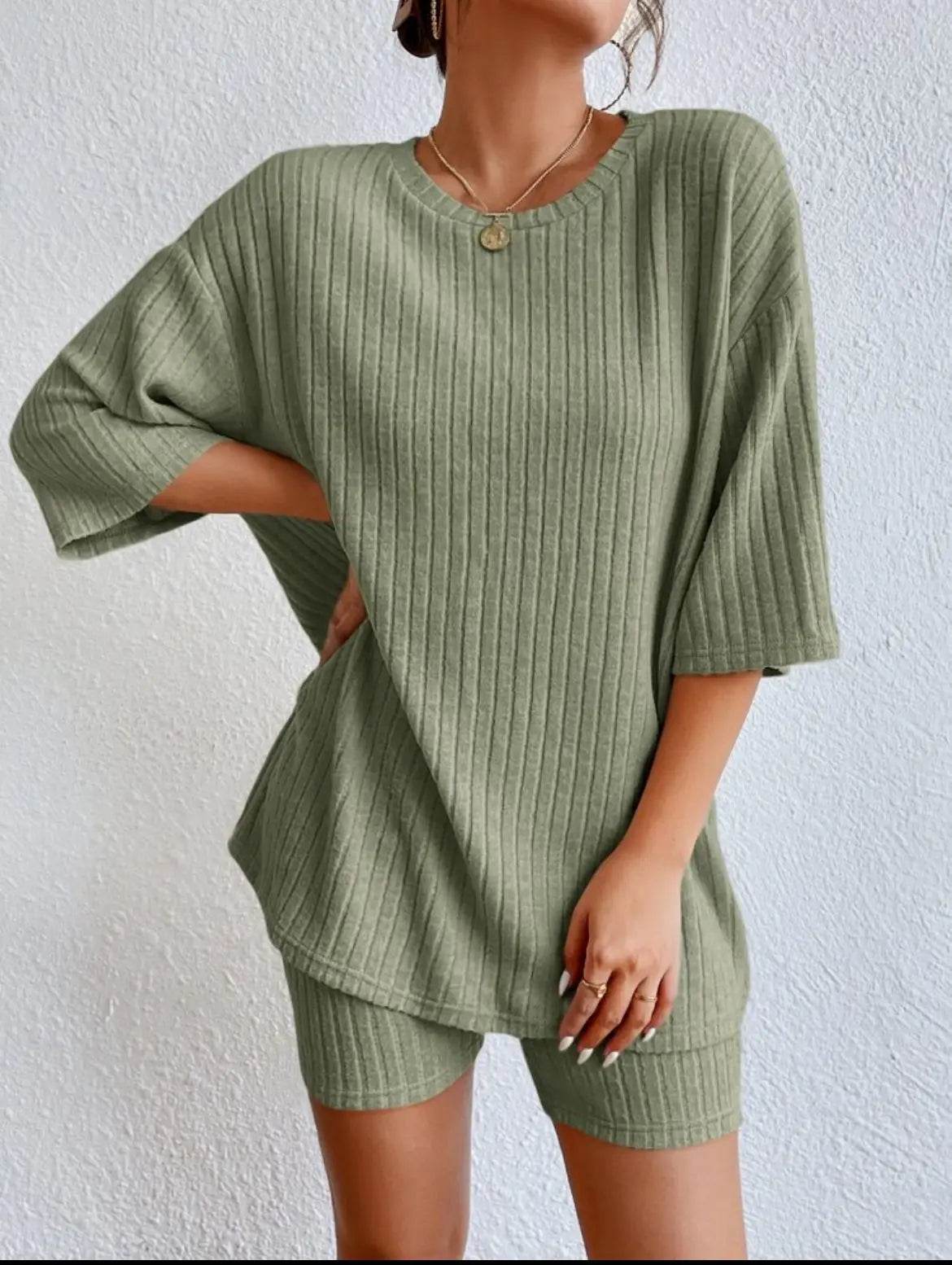 Casual Women’s Spring/Summer Two-Piece Set - O Neck Top & Shorts - Buy Center US