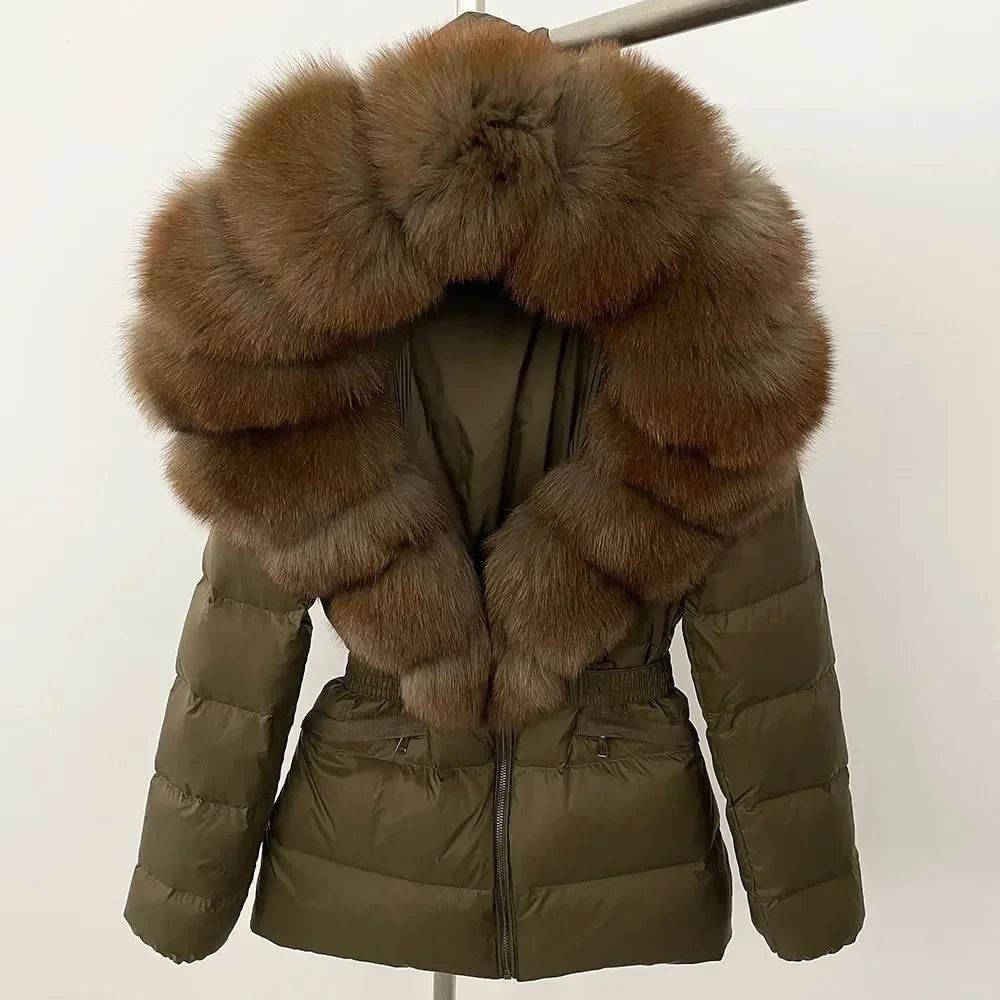 Women's Hooded White Duck Down Coat - Real Raccoon Fur Collar - Buy Center US