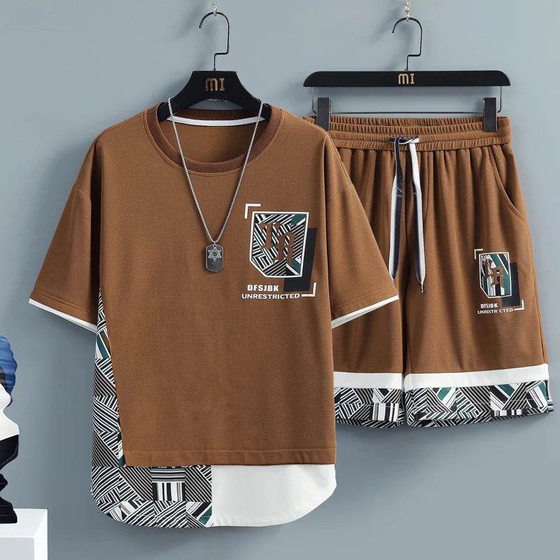 Men's Summer Tracksuit Set - Splice Print T-Shirt & Shorts for Casual Style - Buy Center US