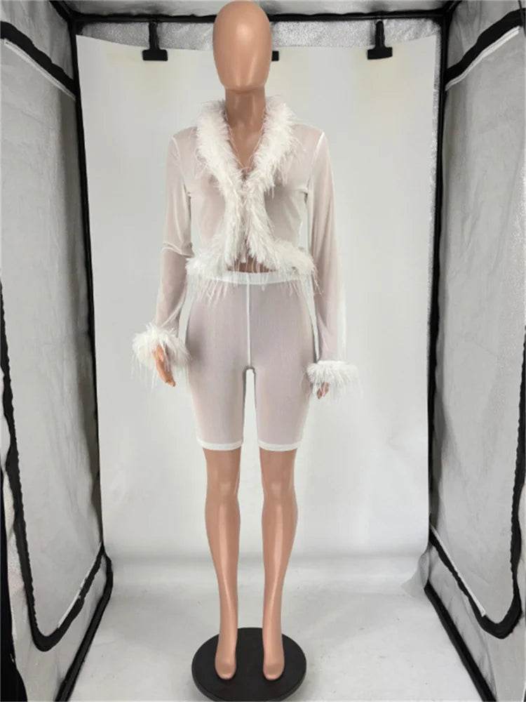 Weird Puss Sexy See Through 2-Piece Set - Feather Patchwork Top & Shorts - Buy Center US