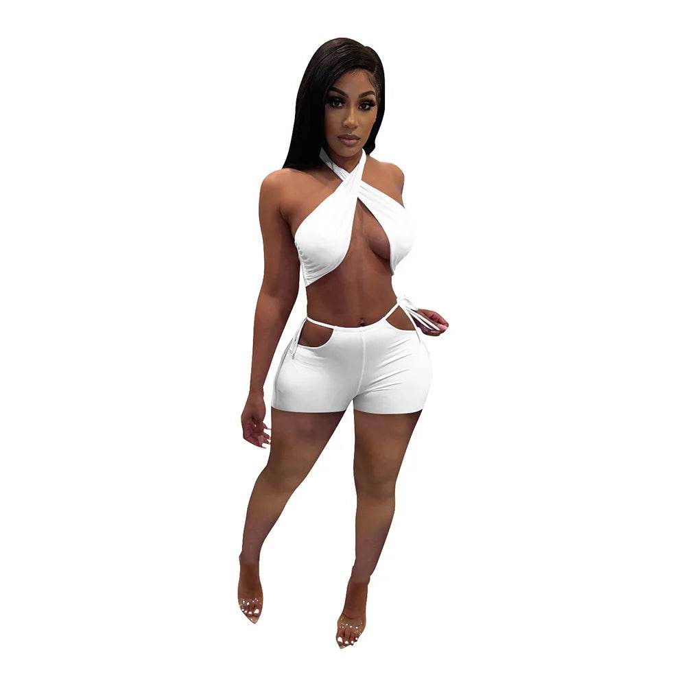 Stylish Women's Two Piece Set - Criss Cross Crop Top & Shorts - Buy Center US