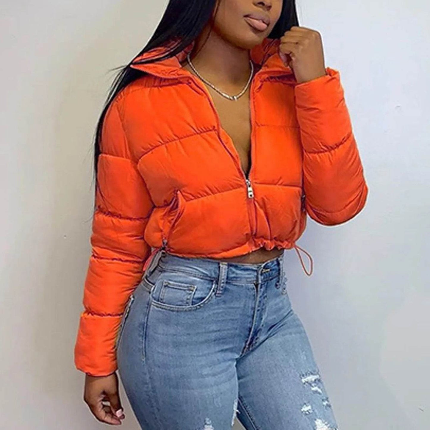Women's Autumn Winter Stand Collar Padded Cropped Jacket - Zipper - Buy Center US
