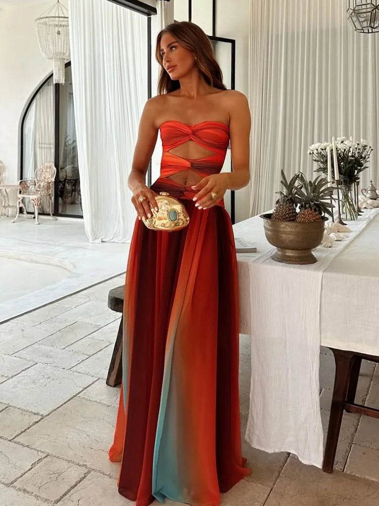 Elegant Tie-Dye Gradient Maxi Dress - Off-Shoulder Summer Style - Buy Center US