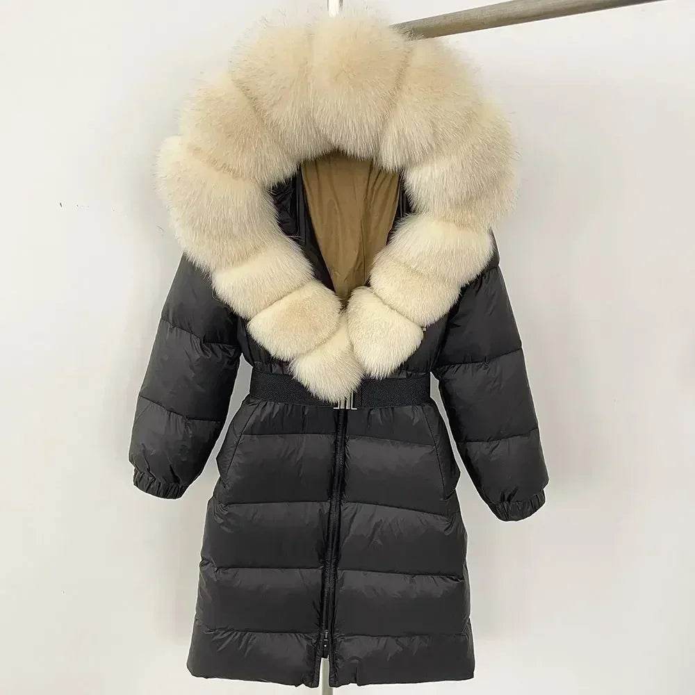 Warm Long Winter Jacket for Women - 90% White Duck Down, Fox Fur Collar - Buy Center US