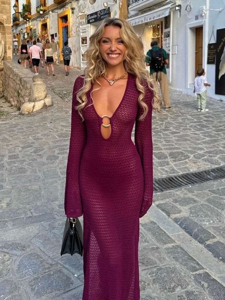 Chic V-Neck Crochet Dress for Women - Sexy Metal Ring Splicing - Buy Center US