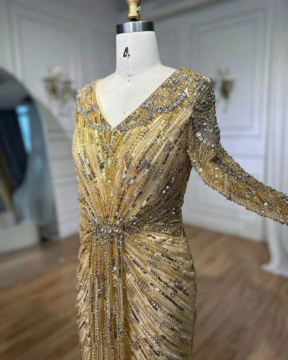 SERENE HILL Mermaid Evening Dress - Custom Beaded Floor-Length Gown - Buy Center US