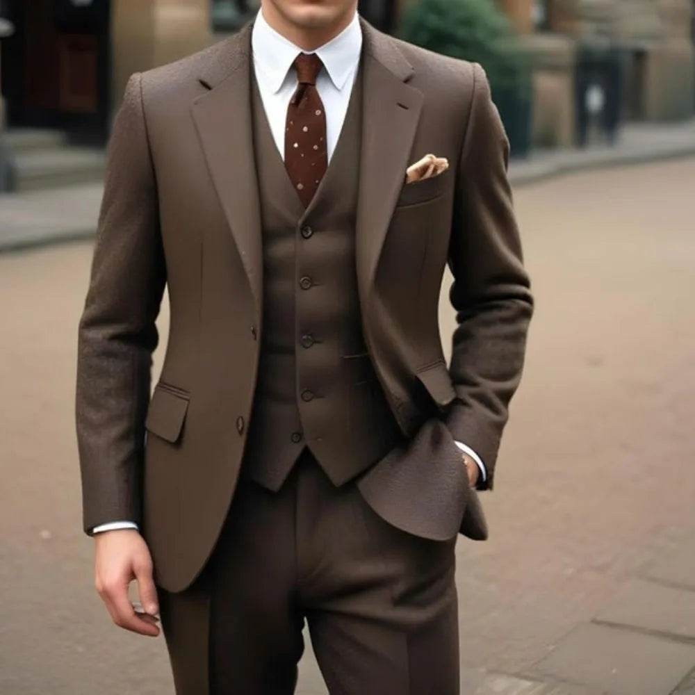 Elegant Brown 3-Piece Men’s Suit - Slim Fit Jacket, Pants & Vest Set - Buy Center US