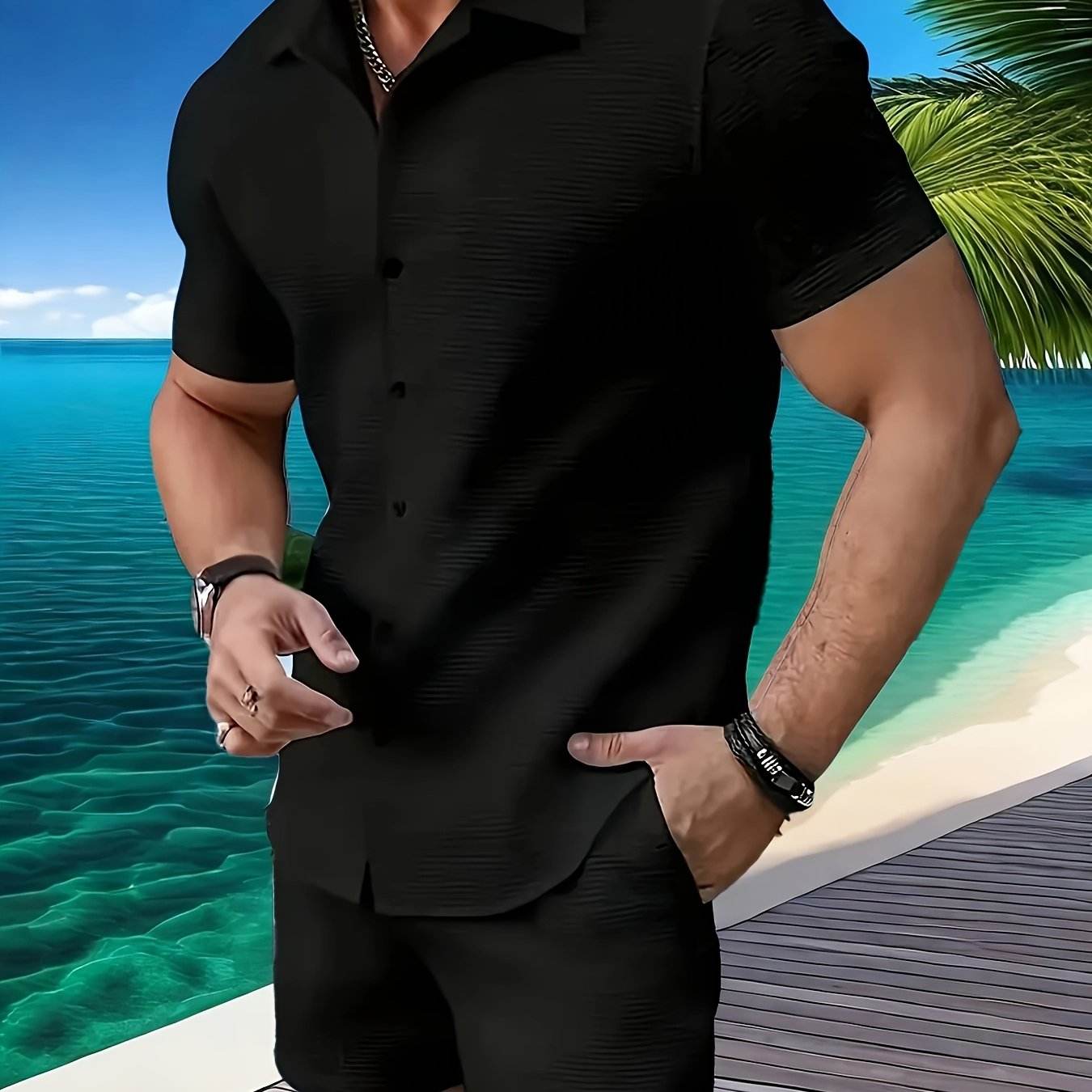 Men's Casual Summer Shirt and Shorts Set - 100% Polyester Comfort - Buy Center US