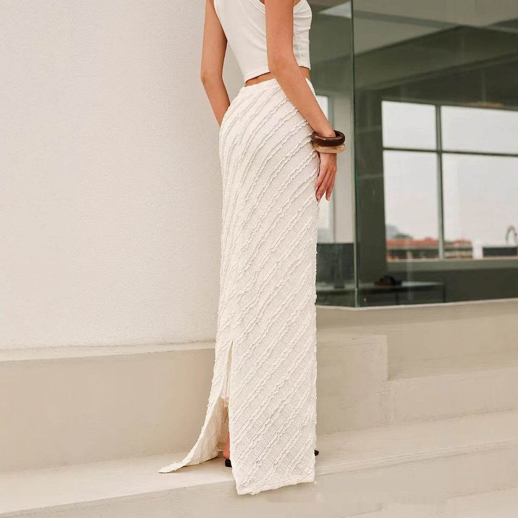 Fashionable Jacquard Split Skirt - Trendy White Hip Style for Commuting - Buy Center US
