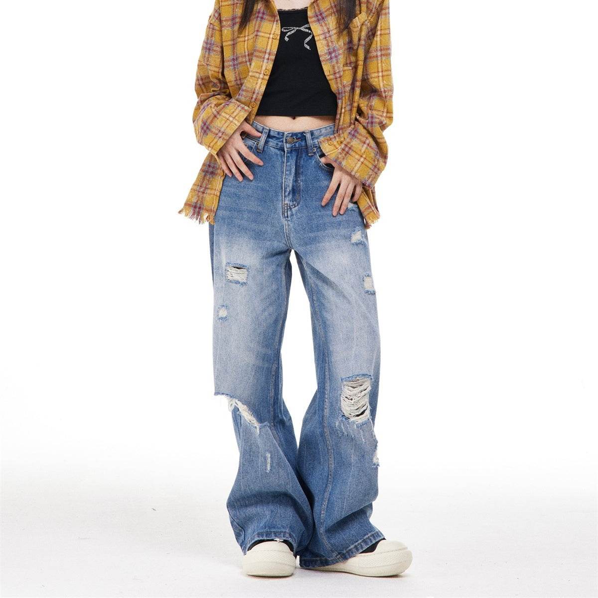 Women's Ripped Washed Blue Jeans - Micro-Elastic, Straight-Leg Style - Buy Center US