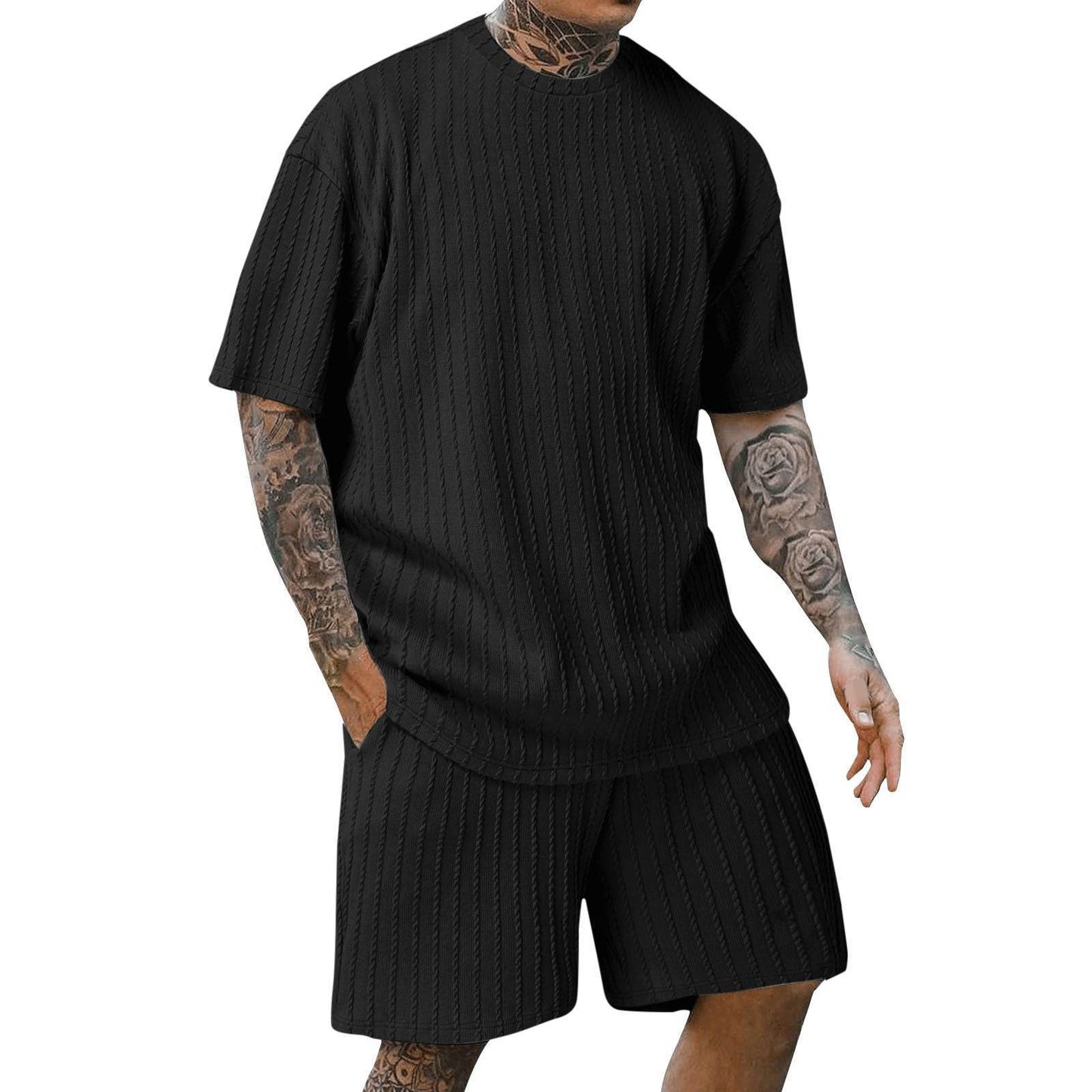 Buycenter Men's Sports Two-Piece Set - Solid Color Round Neck Shorts - Buy Center US