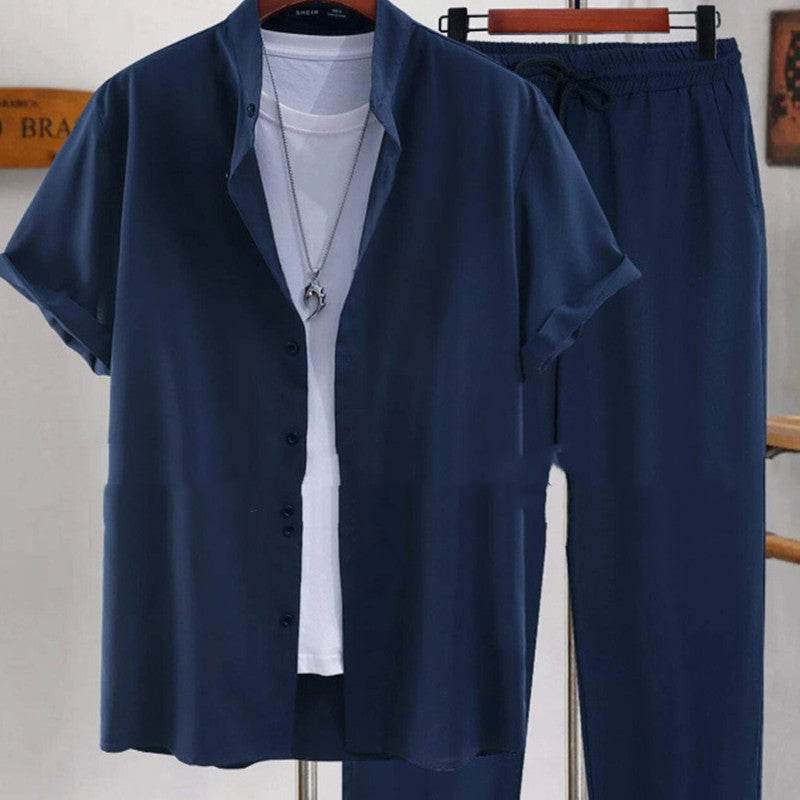 Buycenter Men's Short Sleeve Cardigan Suit - Casual Cotton Shirt & Pants - Buy Center US