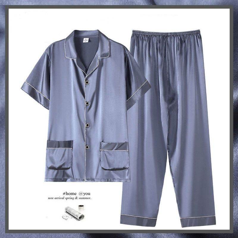 Buycenter Men's Summer Short Sleeve Trousers Suit - Thin Ice Silk Homewear - Buy Center US