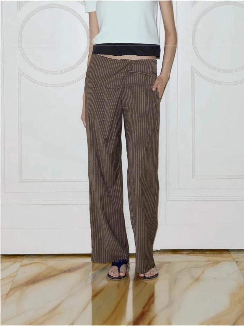 Women's Casual Striped Trousers - Loose Fit Lace Up Pants in Dark Brown - Buy Center US