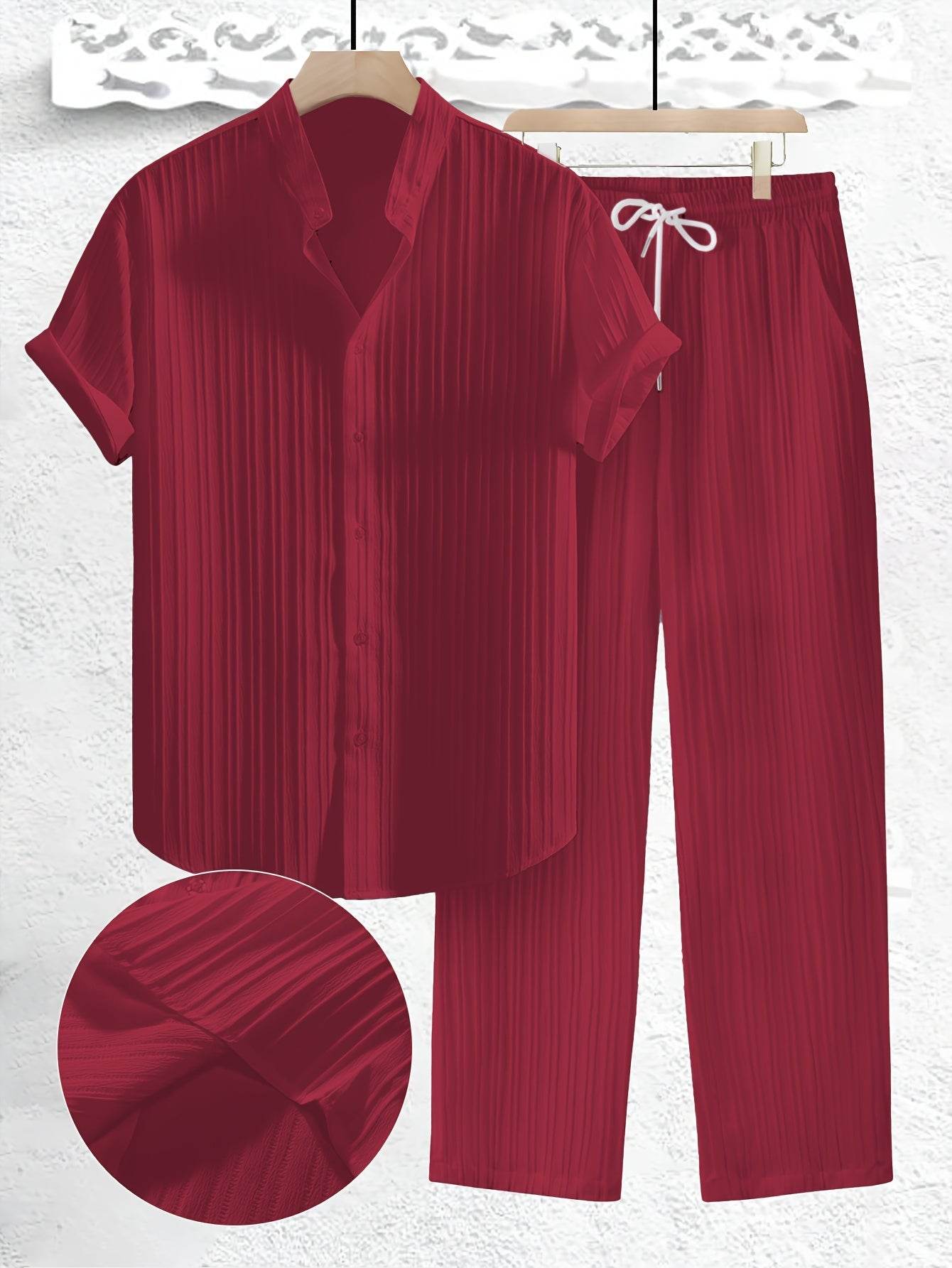 Men's Casual Summer Co-ord Set - Short Sleeve Shirt & Pants, Solid Color - Buy Center US