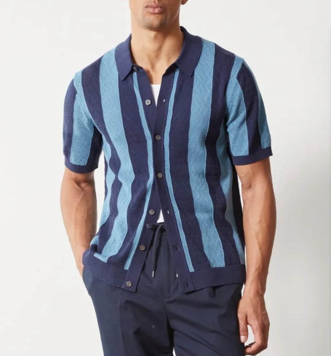 Men's Hollow Breathable Polo Shirt - Stylish Stripes in Blue, Sizes M-XXXL - Buy Center US