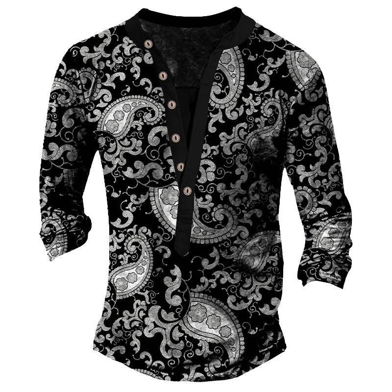 Printed Retro Fashion Casual Henry Neck T-shirt - Long Sleeves, Comfortable Fit - Buy Center US