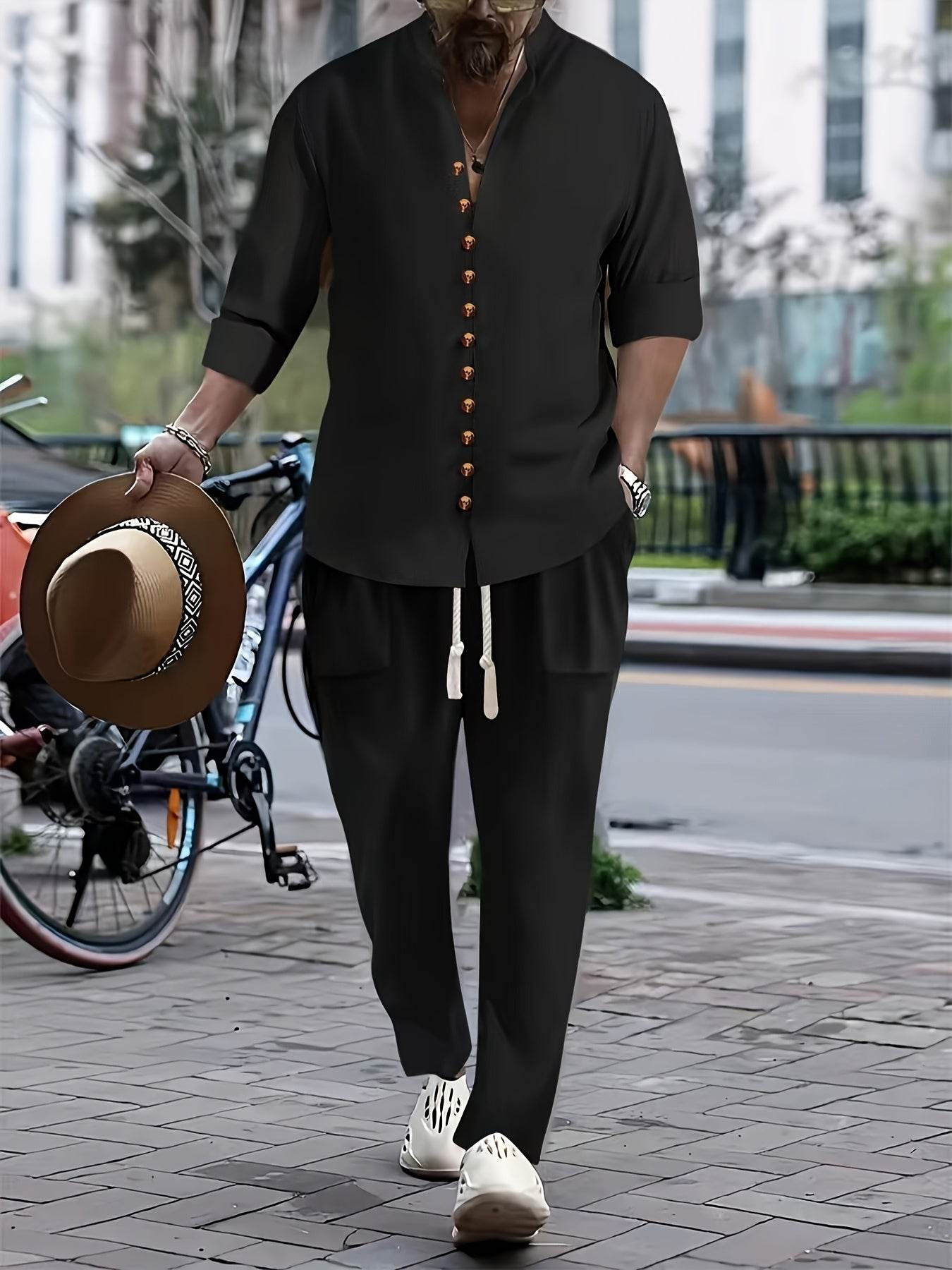 Men's Casual Cotton Linen V-Neck Shirt & Pants Set - Spring/Fall Fashion - Buy Center US