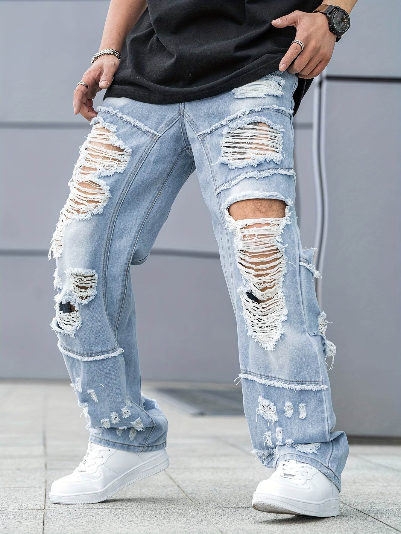 Urban Chic Men's Ripped Jeans - Loose Fit Wide Leg Design for Casual Wear - Buy Center US
