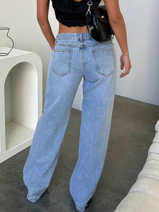 Light Blue Wide Leg Casual Pants - High Waist Women's Denim Trousers - Buy Center US