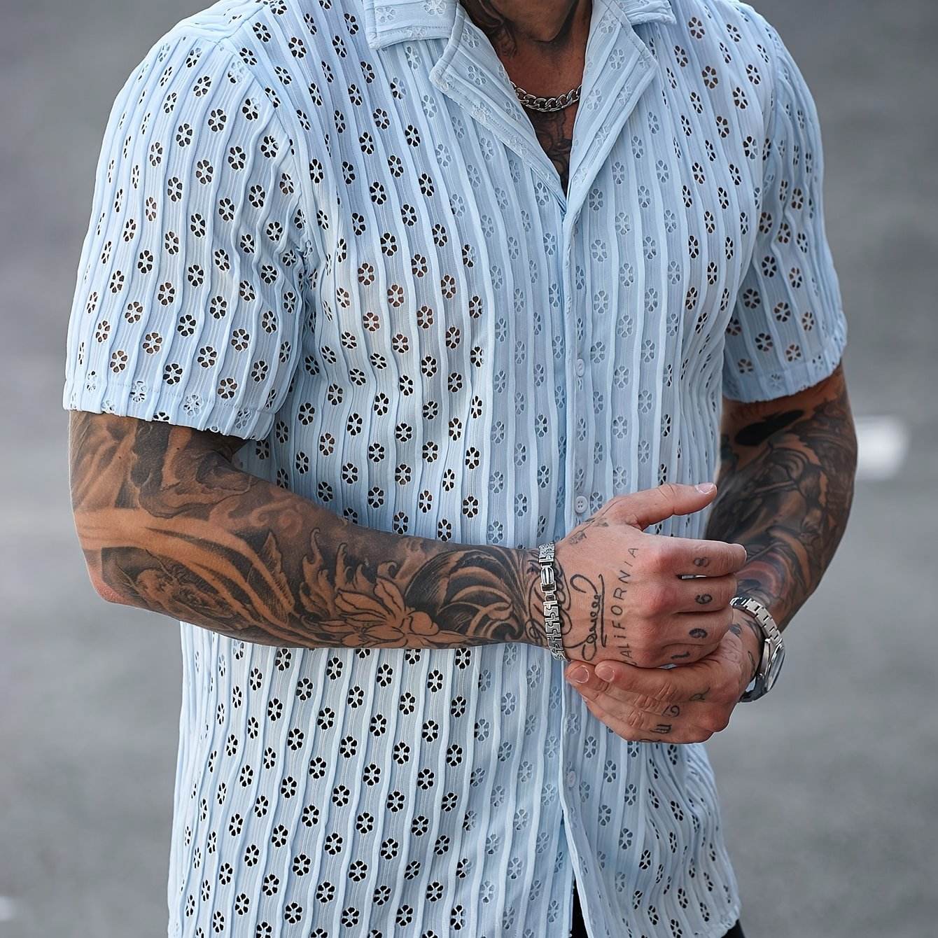 Men's Casual Floral Button-Up Shirt - Light Blue, Stretchy Fabric for Summer - Buy Center US