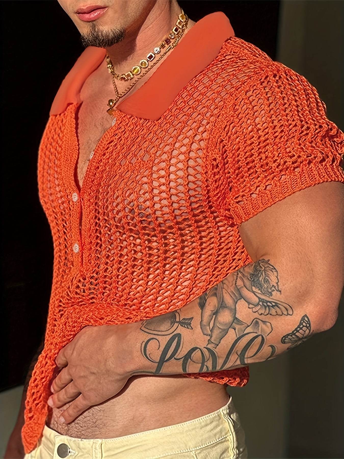 INCERUN Men's Bright Orange Mesh Shirt - Sheer Short Sleeve Collared Top - Buy Center US