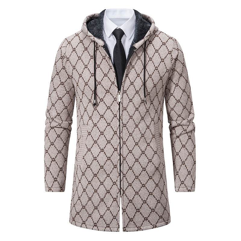 Buycenter Men's Casual Hooded Coat - Mid-Length Plaid Sweater Jacket - Buy Center US