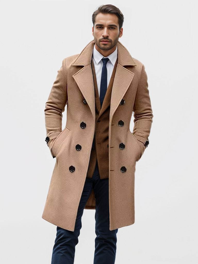 Buycenter Men's Slim-fit Woolen Coat - Double-Breasted Mid-Length Style - Buy Center US