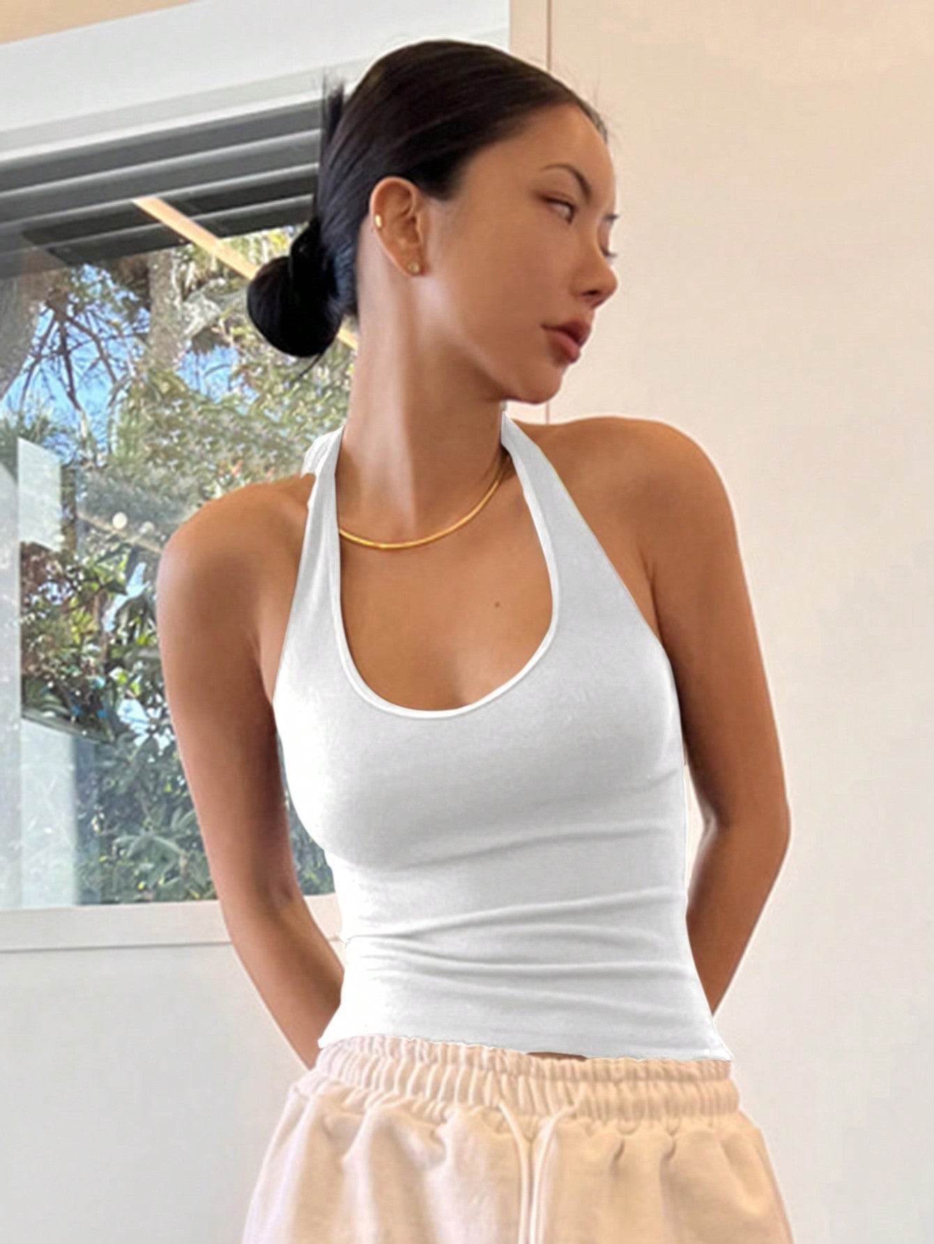 DAZY Backless Halter Top – Casual Crop Top in White Rib-Knit - Buy Center US