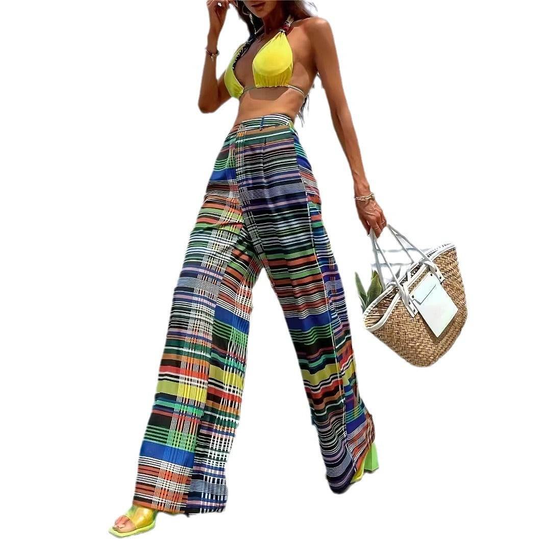 Color Printed High Waist Trousers - Casual Wide Leg & Comfortable Fit - Buy Center US