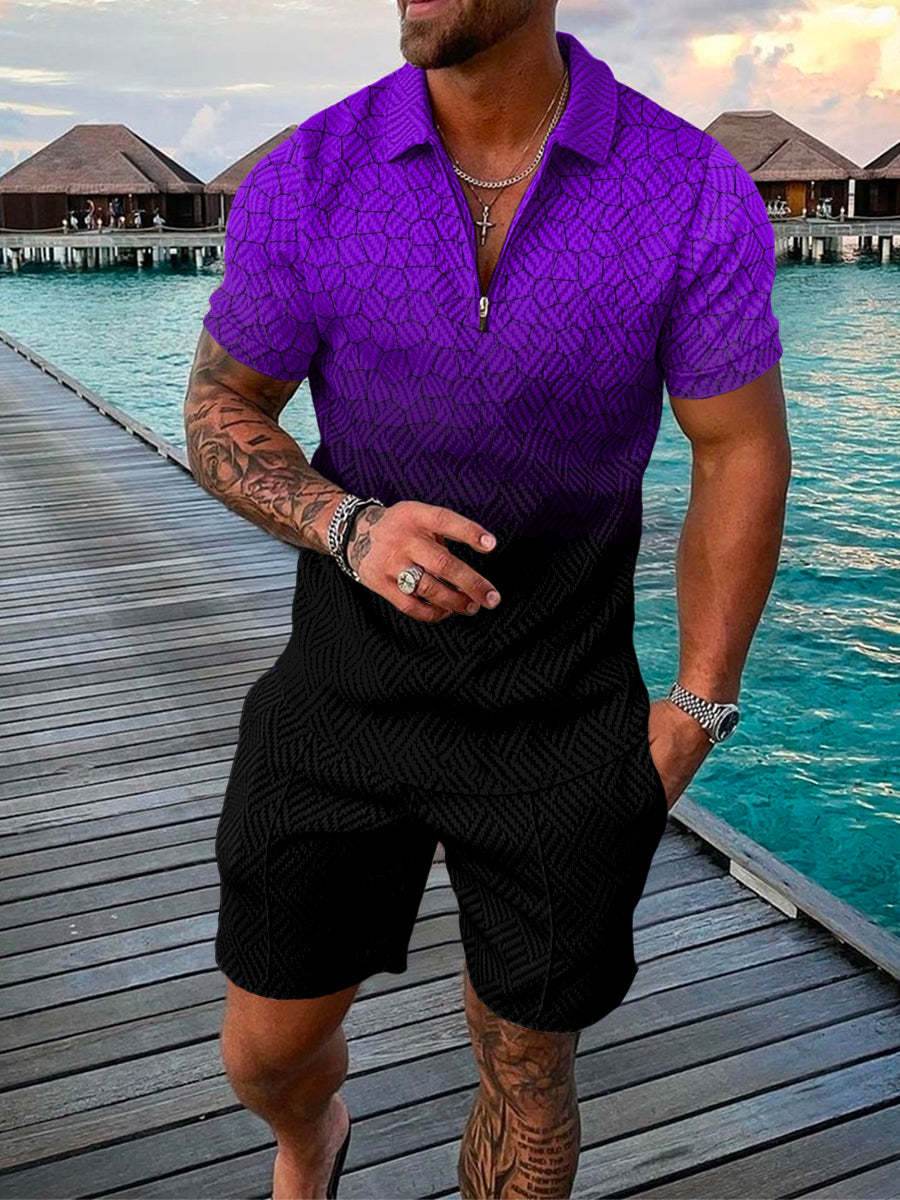 Men's 3D Printed Summer Shirt Set - Geometric Zip Lapel Style - Buy Center US