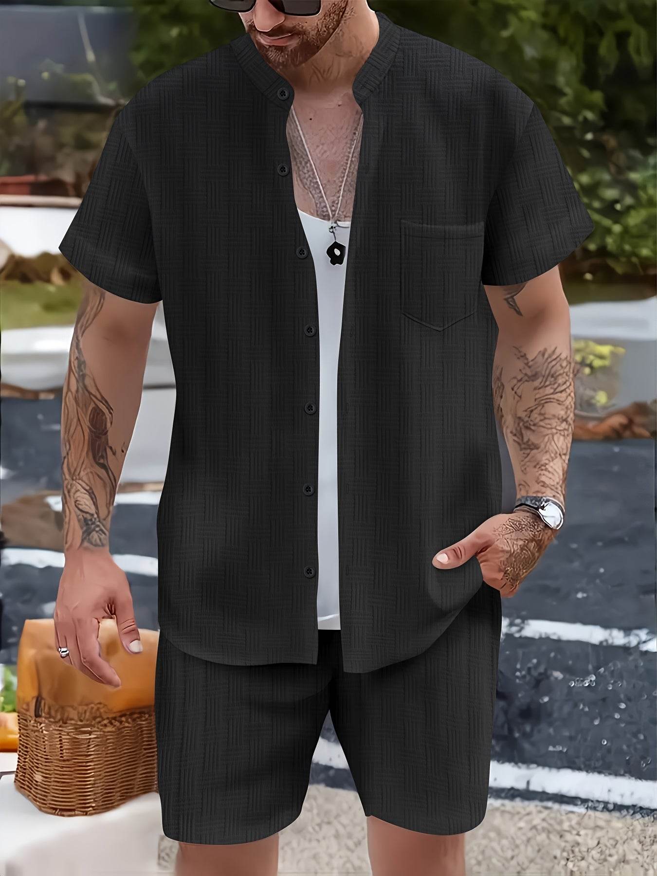Men's Summer Casual 2-Piece Beach Outfit - Striped Short Sleeve Shirt & Shorts - Buy Center US