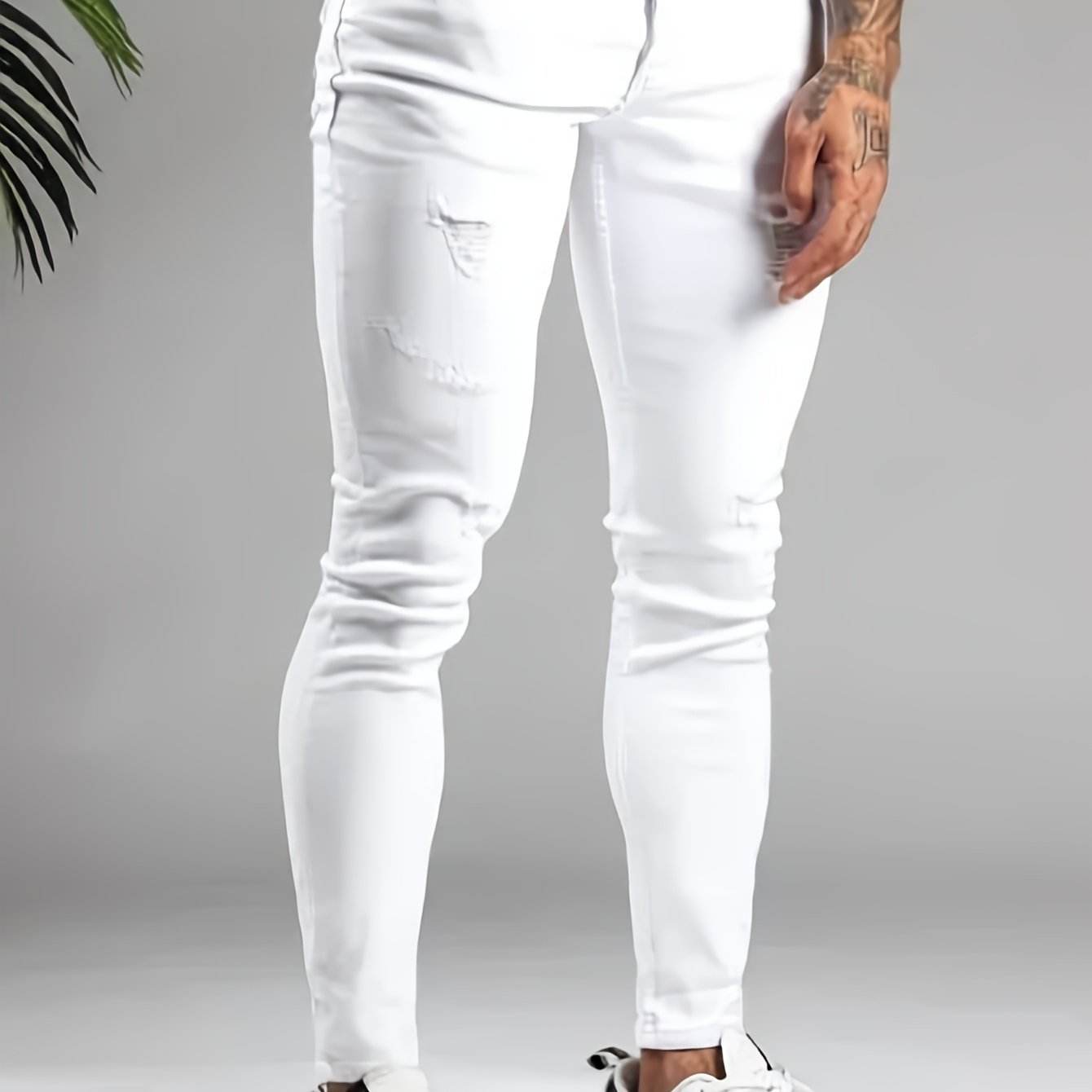 Men's Slim Fit Distressed Jeans - Comfortable White Stretch Denim - Buy Center US