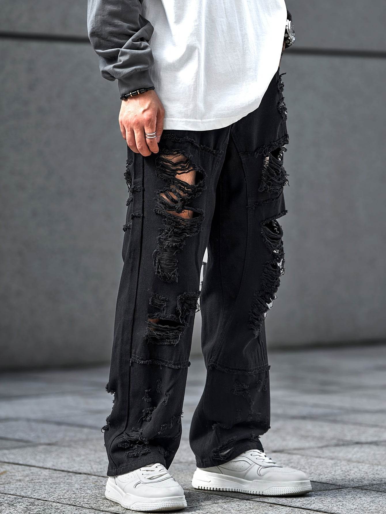 Urban Chic Men's Ripped Jeans - Loose Fit Wide Leg Design for Casual Wear - Buy Center US