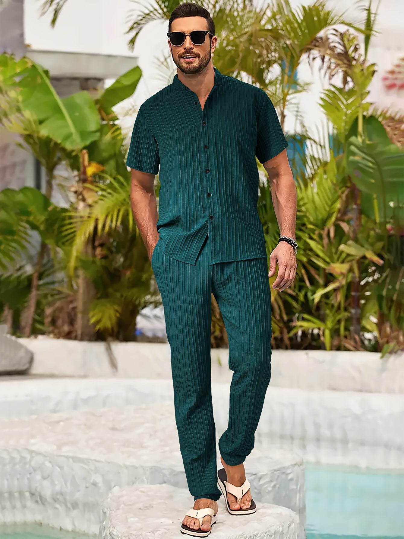 Men's Casual Spring/Summer Textured Stripe Short Sleeve Pants Set - Buy Center US