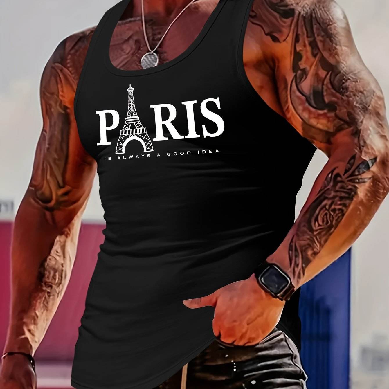 MBD Men's Eiffel Tower Graphic Tank Top - Slim Fit, Breathable Gym Vest - Buy Center US