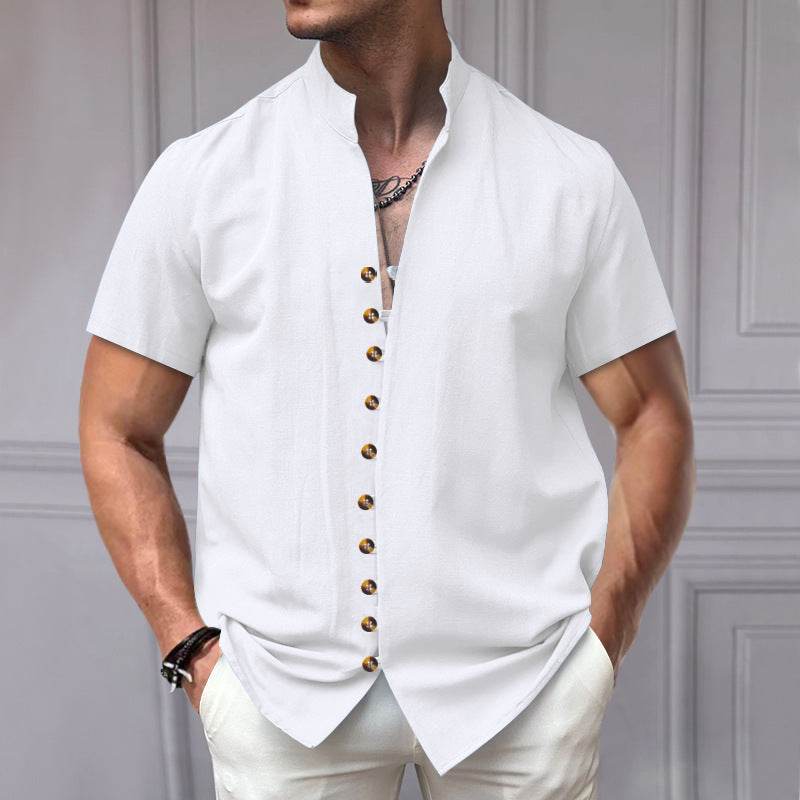 Buycenter Linen Button Stand Collar Shirt - Short Sleeve, Loose Fit - Buy Center US