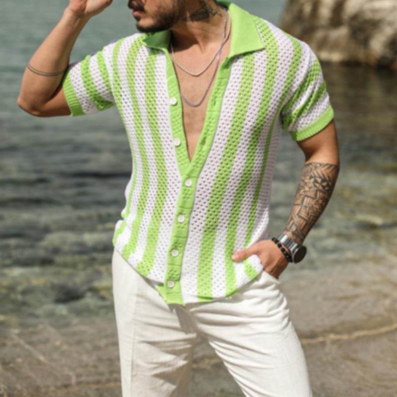 Men's Casual Loose Striped Polo Shirt – Short Sleeve, Ice Silk Fabric - Buy Center US